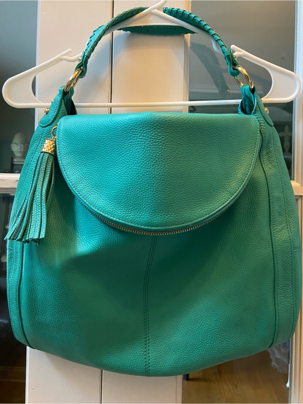 NWOT Onna Ehrlich Rachel Turquoise Pebbled Leather Shoulder Bag with Tassel